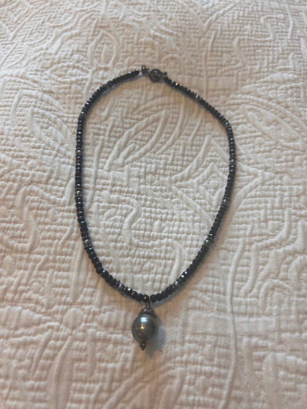 16” Gray Crystal, and Sterling Beaded Choker W Lg Fresh Water Gray Pearl